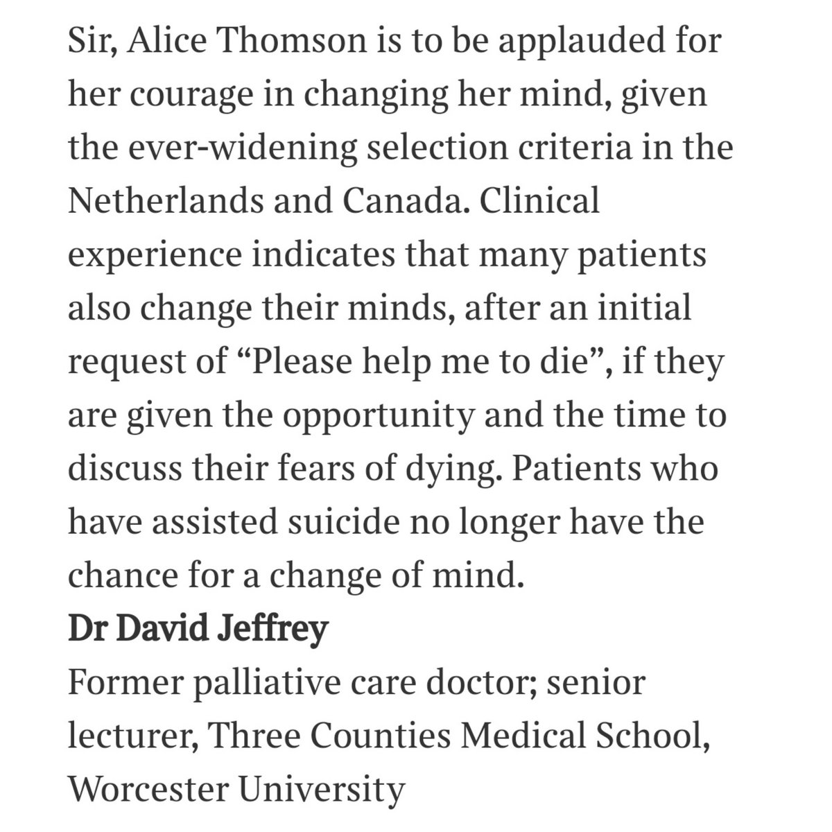 ✍🏻 “Patients who have #assistedsuicide no longer have the chance for a change of mind.” — A former #palliativecare doctor writes to The Times. thetimes.co.uk/article/times-…