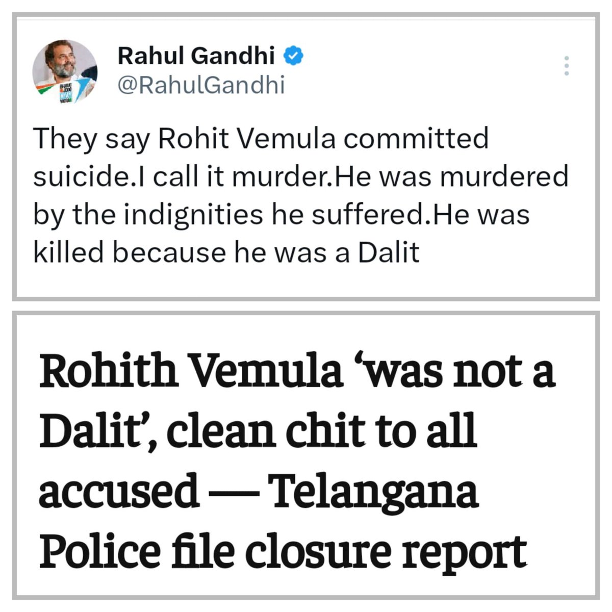 Rahul Gandhi and the entire Congress ecosystem blamed @smritiirani and @narendramodi for Rohith Vemula's death.

Today, the Telangana Police have exposed the ecosystem.

Closure report from Telangana Police:

- Police claim that Rohith was not a Dalit.

- He died because he was…