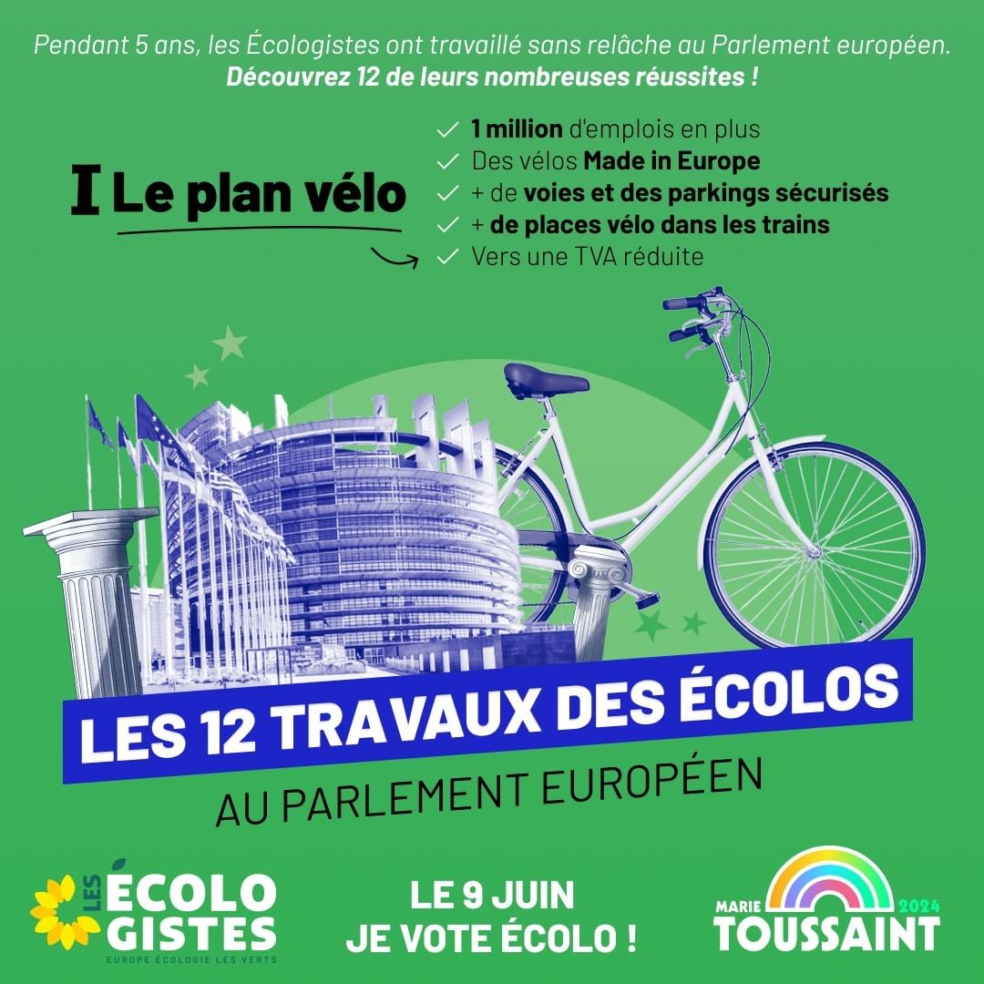 Découvrez les #12TravauxÉcolos au Parlement 🇪🇺!

1️⃣ Le plan vélo🚲

👉1 million d'emplois
👉Des vélos fabriqués en🇪🇺
👉Plus de voies cyclables et de parkings sécurisés
👉Plus d'espaces vélos dans les trains
👉Vers  une TVA réduite sur les produits liés au vélo

#9juin #VoteEcolo
