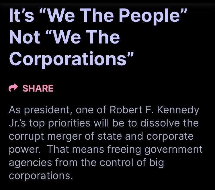 We the People need to be inspired by bold new policies. So I’ll start with my favorite.

#Kennedy24 will “dissolve the corrupt merger of state and corporate power.  That means freeing government agencies from the control of big corporations.”

More here: 
kennedy24.com/heal