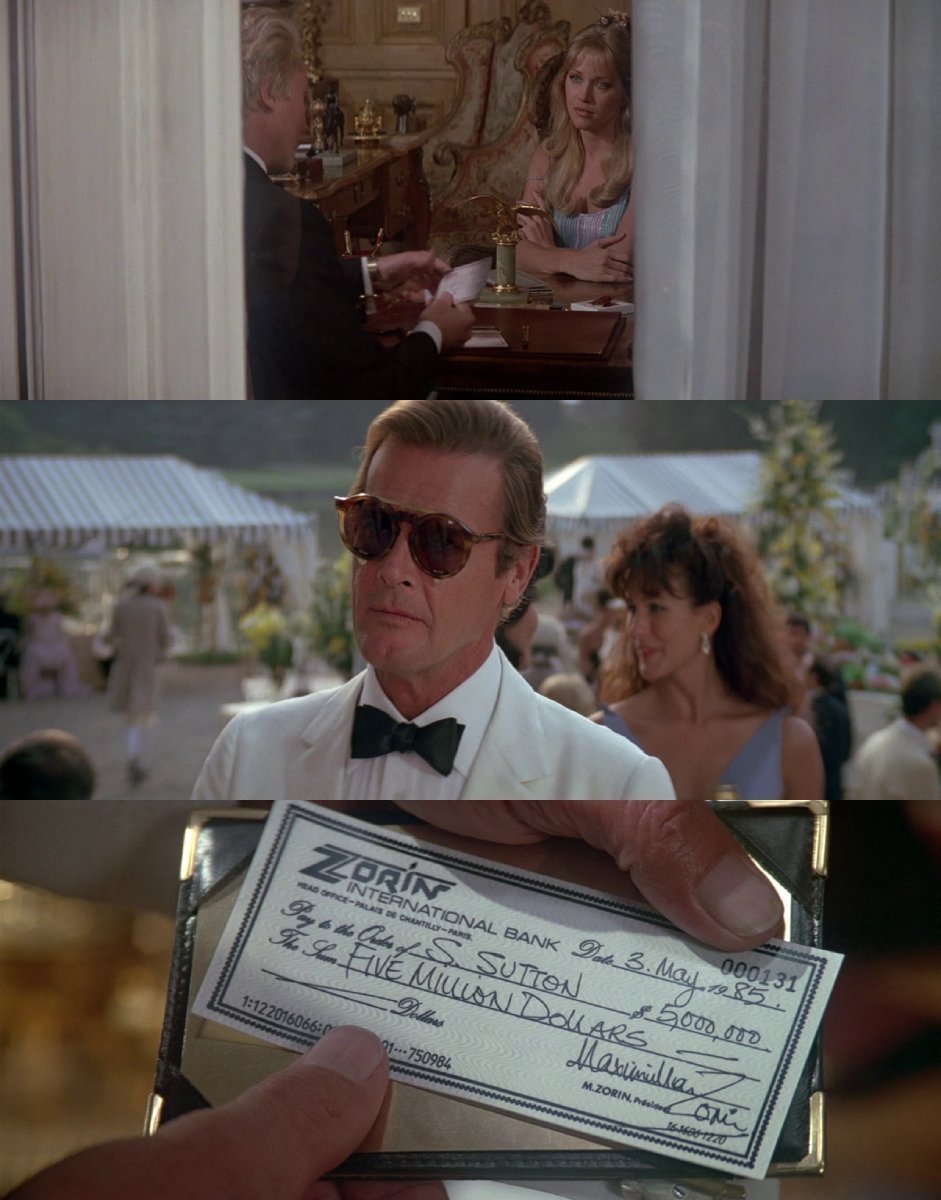 May 3rd 1985 - Max Zorin writes Stacey Sutton, the heir to Sutton Oil, a check for $5,000,000 for the company. 📽️📅 A View to a Kill (1985)