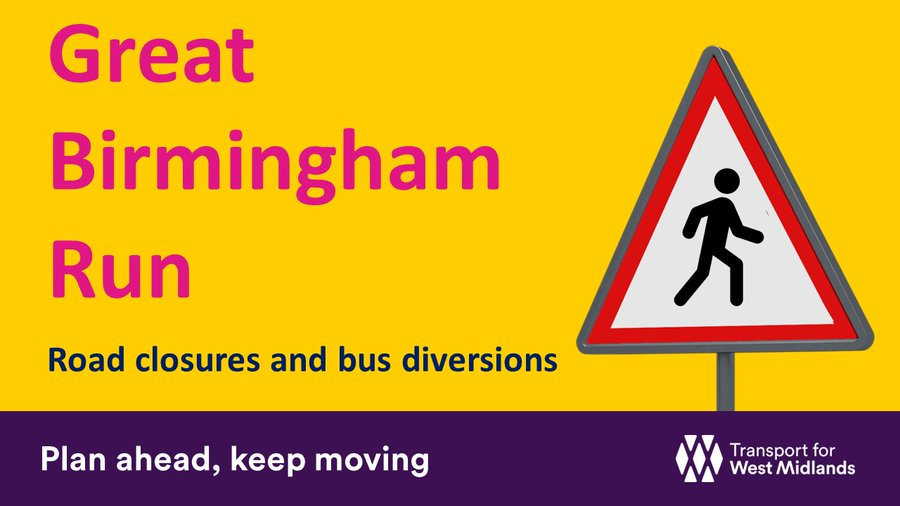 Good luck to all taking part in the AJ Bell #GreatBirminghamRun tomorrow (5 May) ⛔ There will be bus diversions and bus stop suspensions. ℹ️ More info from @TransportForWM here orlo.uk/wCwjb 👟 🏃‍♂️ 🏃‍♀️ Find out more from @great_run here: orlo.uk/LN246