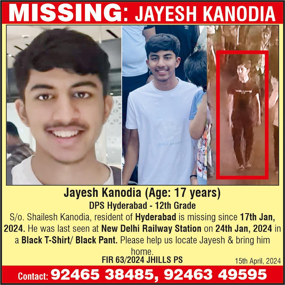 URGENT 🚨 Jayesh Kanodia, a 17-year-old school boy is missing from Hyderabad. Please spread the word and contact authorities if you have any information. Every share can make a difference. #MissingPerson @RailMinIndia