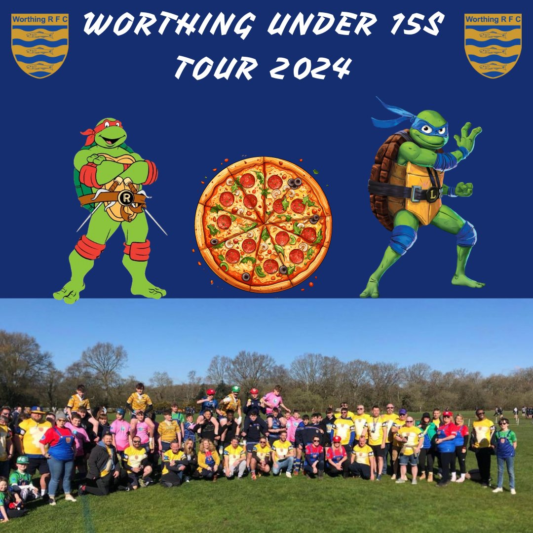 Wishing a great weekend to the Worthing under 15s who are leaving for their tour today with over 100 in their tour party. They will be playing Colchester RFC over the weekend. Cowabunga dudes!