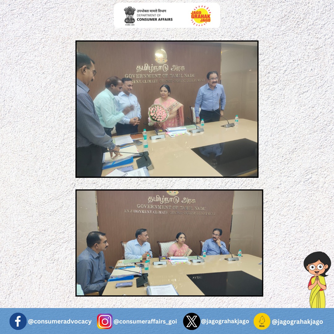 During her visit to Chennai, Ms. Nidhi Khare, Secretary, Department of Consumer Affairs, GoI met Shri Shiv Das Meena, Chief Secretary, Government of Tamil Nadu and Dr. K. Gopal, Additional Chief Secretary, Cooperation, Food and Consumer Protection Department, ...