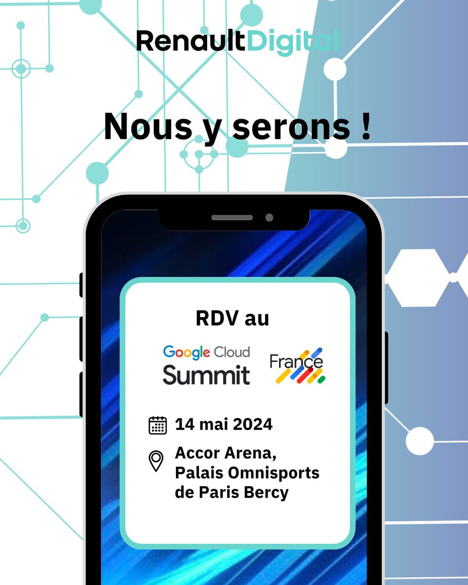 Renault Digital (@renaultdigital_) on Twitter photo RDV au <a href="/GoogleCloud_FR/">Google Cloud France</a> le 14 mai à l'<a href="/Accor_Arena/">Accor Arena</a> !
Au programme :
🎤 2 conférences : AI@SCALE & Gouvernance #IA
🏎️ 1 “Grand Prix Renault Digital” #DIYRobocars
💡 1 Stand <a href="/renaultgroup/">Renault Group</a> à l'espace Talent Village pour rencontrer nos experts !
#GoogleCloudSummitFrance RDV au <a href="/GoogleCloud_FR/">Google Cloud France</a> le 14 mai à l'<a href="/Accor_Arena/">Accor Arena</a> !
Au programme :
🎤 2 conférences : AI@SCALE & Gouvernance #IA
🏎️ 1 “Grand Prix Renault Digital” #DIYRobocars
💡 1 Stand <a href="/renaultgroup/">Renault Group</a> à l'espace Talent Village pour rencontrer nos experts !
#GoogleCloudSummitFrance