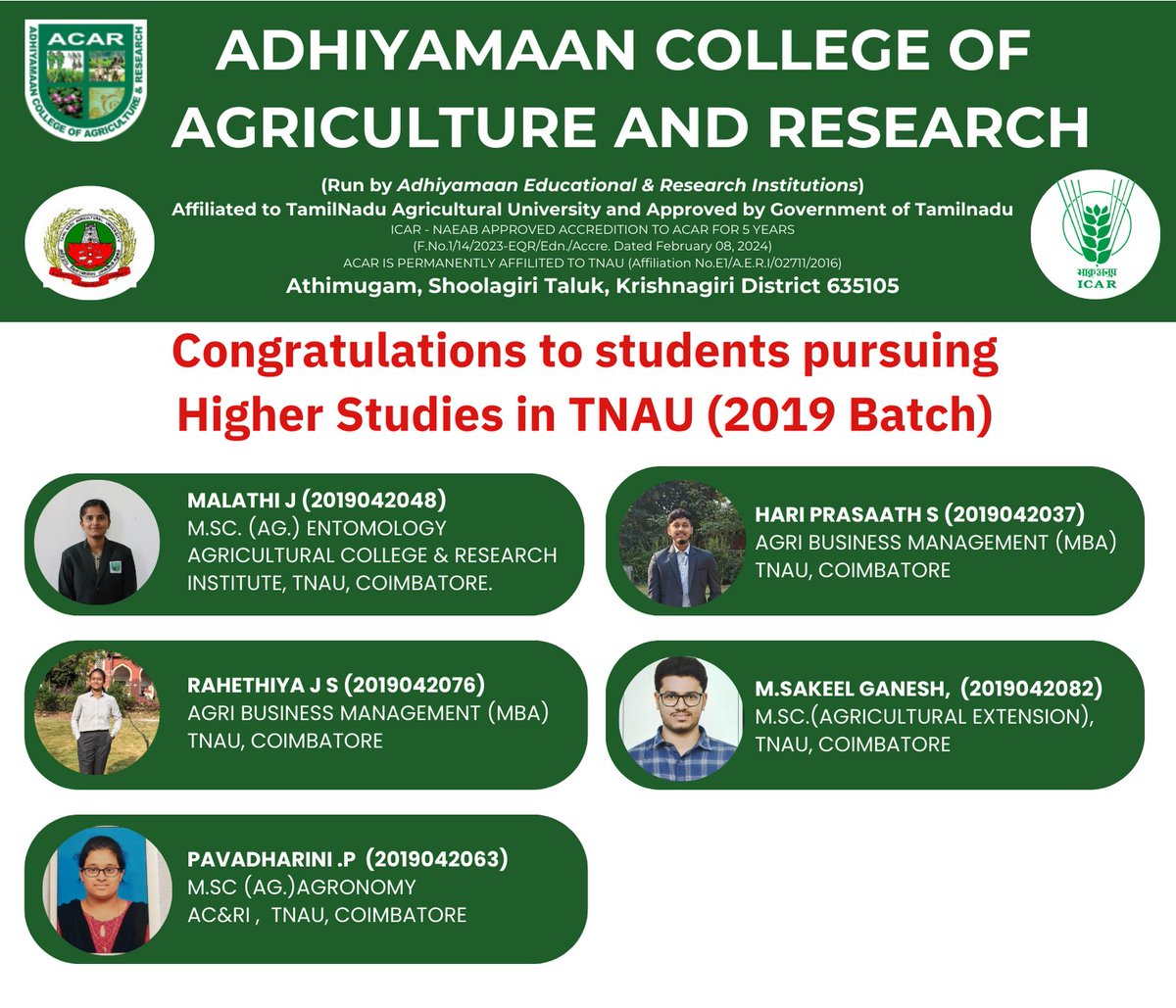 🎉Congratulations to students pursuing Higher Studies in TNAU (2019 Batch).👏
#TNAUHigherStudies2019 #TNAUGraduates #HigherEducationSuccess #TNAUAlumni #AcademicAchievement #FutureLeaders #TNAUPride #EducationMatters #SuccessStories #Classof2019 #TamilNaduAgriculturalUniversity