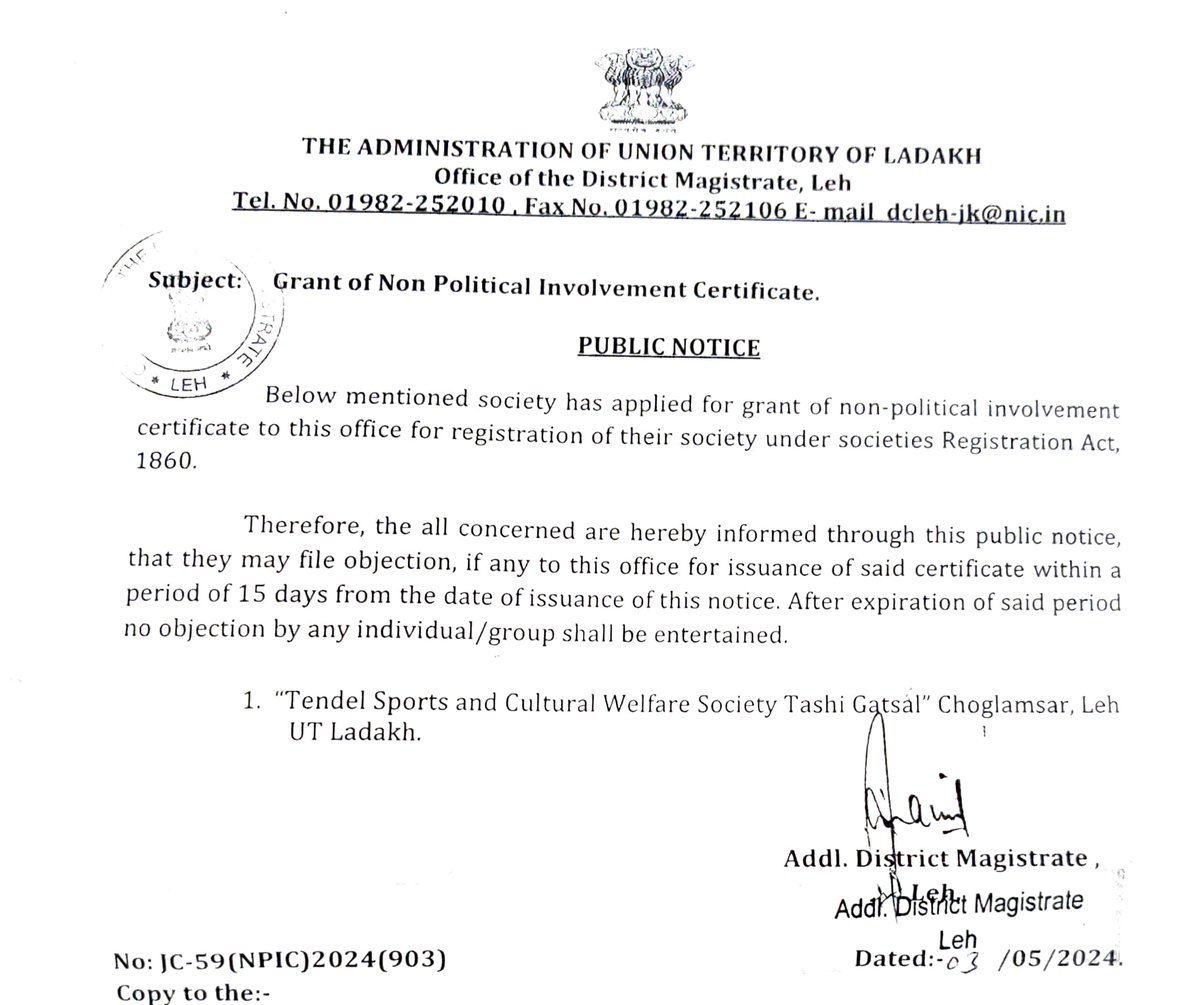 Below mentioned societies have applied for the grant of Non-Political Involvement Certificate. Objection,if any should be raised within a period of 15 days from the date of issuance of this notice @LAHDC_LEH @DC_Leh_Official @ddnewsladakh @prasarbharti @Info_Ladakh @PIBSrinagar
