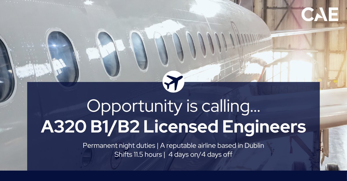 Click Here to Apply: bit.ly/3vJ21Jm

🌟 Exciting Opportunities for #A320 #B1/#B2 #Licensed #Engineers! ✈️🛠️

#AviationCareers #A320 #B1Engineer #B2Engineer #AircraftEngineer