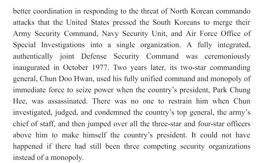 Countries now enact anti-coup measures more often, including kin-led personal armies and the division of miltiary power. H enotes that the coup in South Korea was enabled by the centralization of the military.