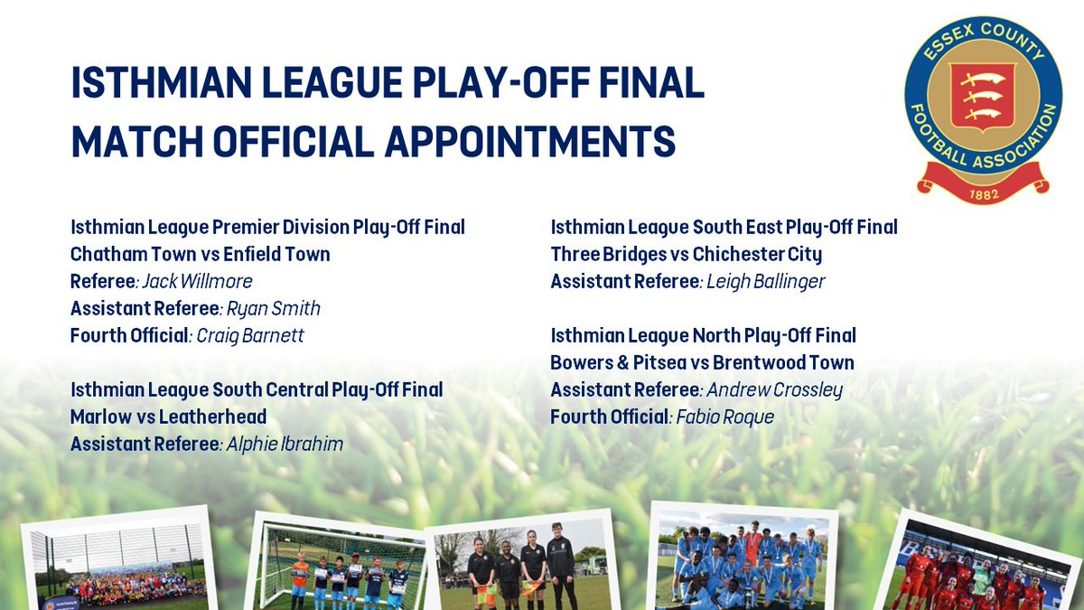 🚨 Play-Off Final Match Official Appointments Congratulations to the 7⃣ @EssexCountyFA match officials who will be officiating across the Isthmian League Play-Off Finals this weekend 👏 #DevelopedInEssex