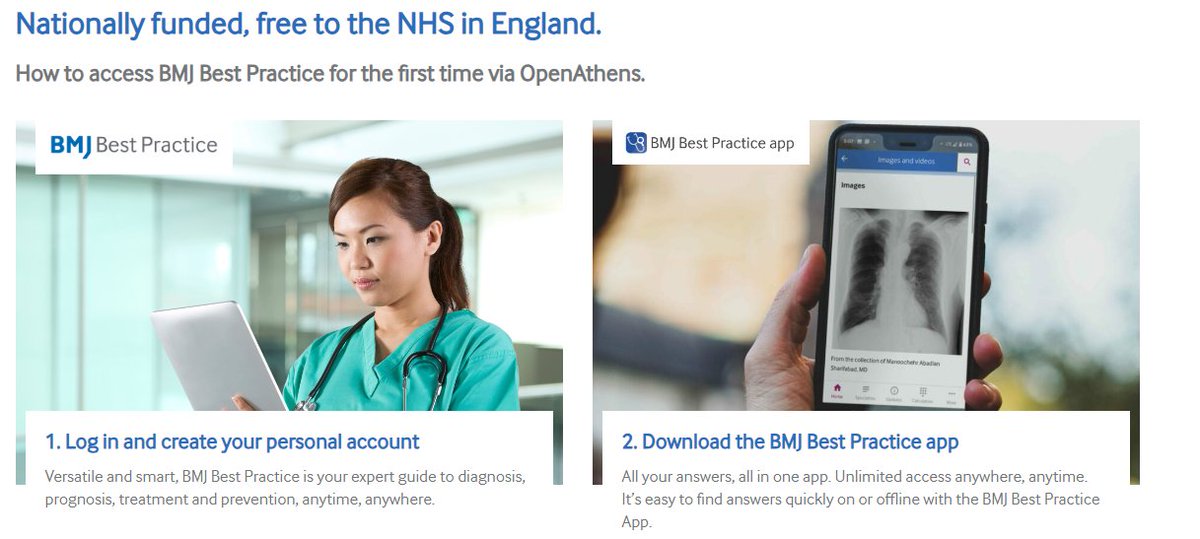 @UHSFTTandD @UHS_Maternity @UHS_Radiology @UHS_CritCare @UHS_PICResearch @UHSFTresearch @UHS_SLT @UHS_PTT @UHSPharmacyTeam @UHS_Dietitians @UHSFT @hslib 
Access BMJ Best Practice via OpenAthens bmj.com/company/nhse/ 
Not registered yet? Register online: openathens.nice.org.uk