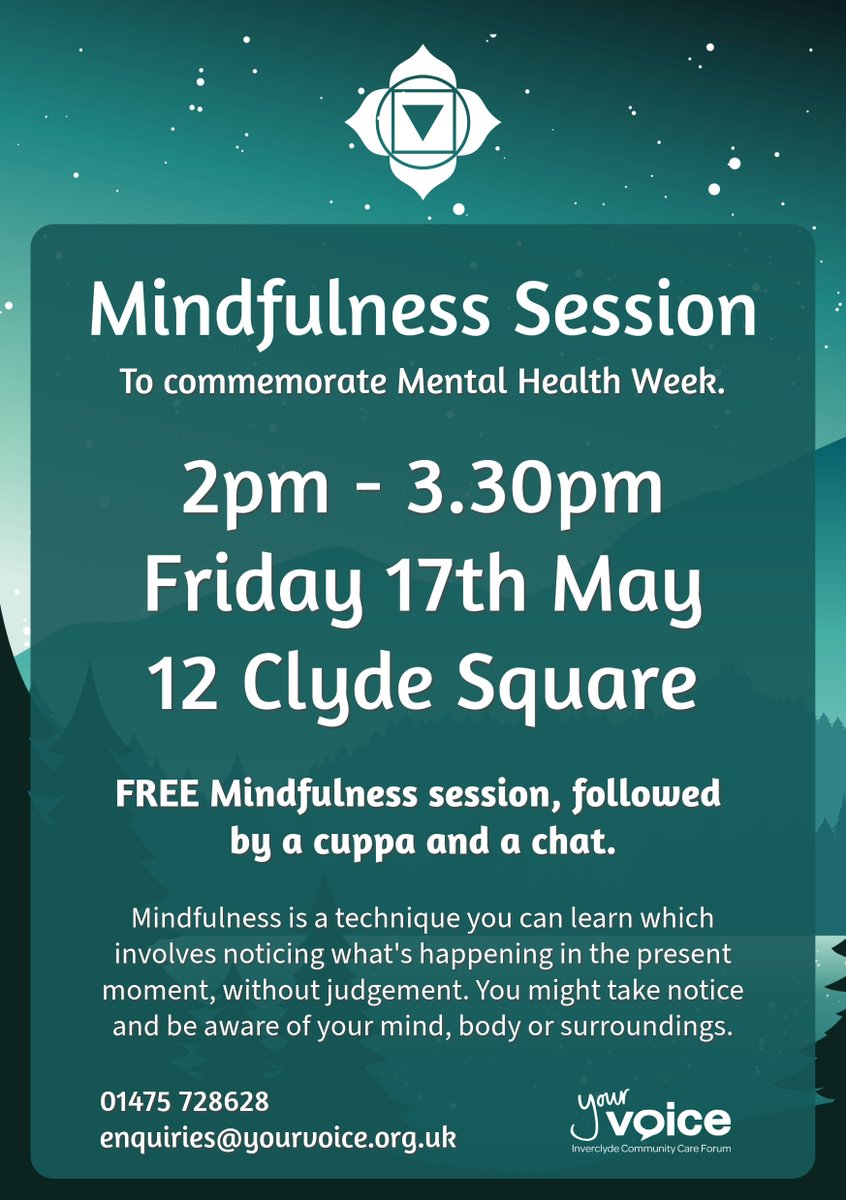 Enjoy a free Mindfulness session to commemorate #MentalHealthAwarenessWeek followed by a cuppa and a chat🪷😊 📆 2pm - 3.30pm, Friday 17th May 📍 12 Clyde Square, Greenock, PA15 1NB #mentalhealth #mentalhealthawareness #InverclydeCares #Inverclyde #yourvoiceinverclyde