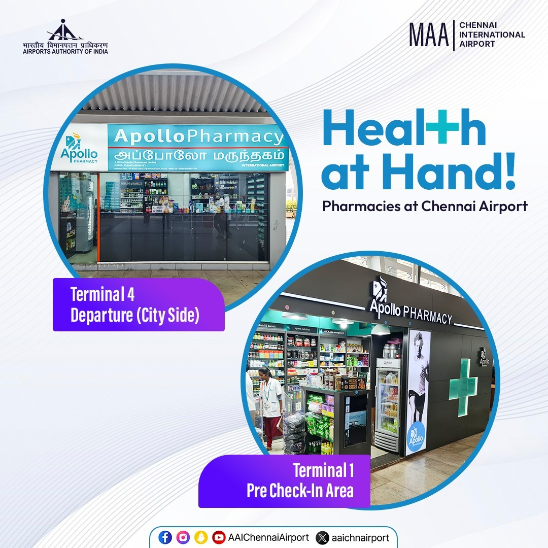 Need last-minute health supplies? Drop by the pharmacies at Chennai Airport to stock up on your medical essentials while travelling! Ensuring you travel safe and well-prepared. #ChennaiAirport #AAIcares #MAAAirport #AAI #Airport @MoCA_GoI | @AAI_Official