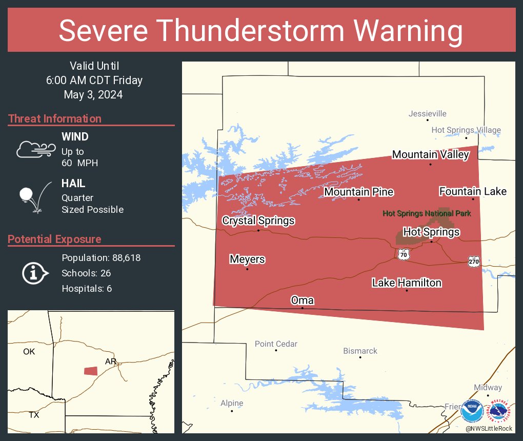Severe Thunderstorm Warning continues for Hot Springs AR, Piney AR and Lake Hamilton AR until 6:00 AM CDT