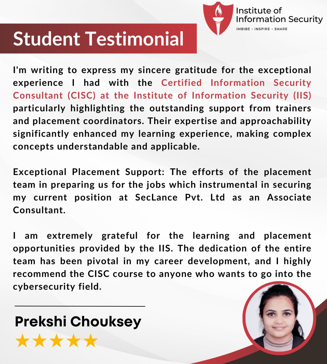 Congratulations, Prekshi Chouksey, on successfully completing our Certified Information Security Consultant (CISC) training program and securing a position as a Associate Consultant at SecLance Pvt. Ltd.

#cybersecurityexpert #infosecurity #cybersecurityawareness 

[1/3]