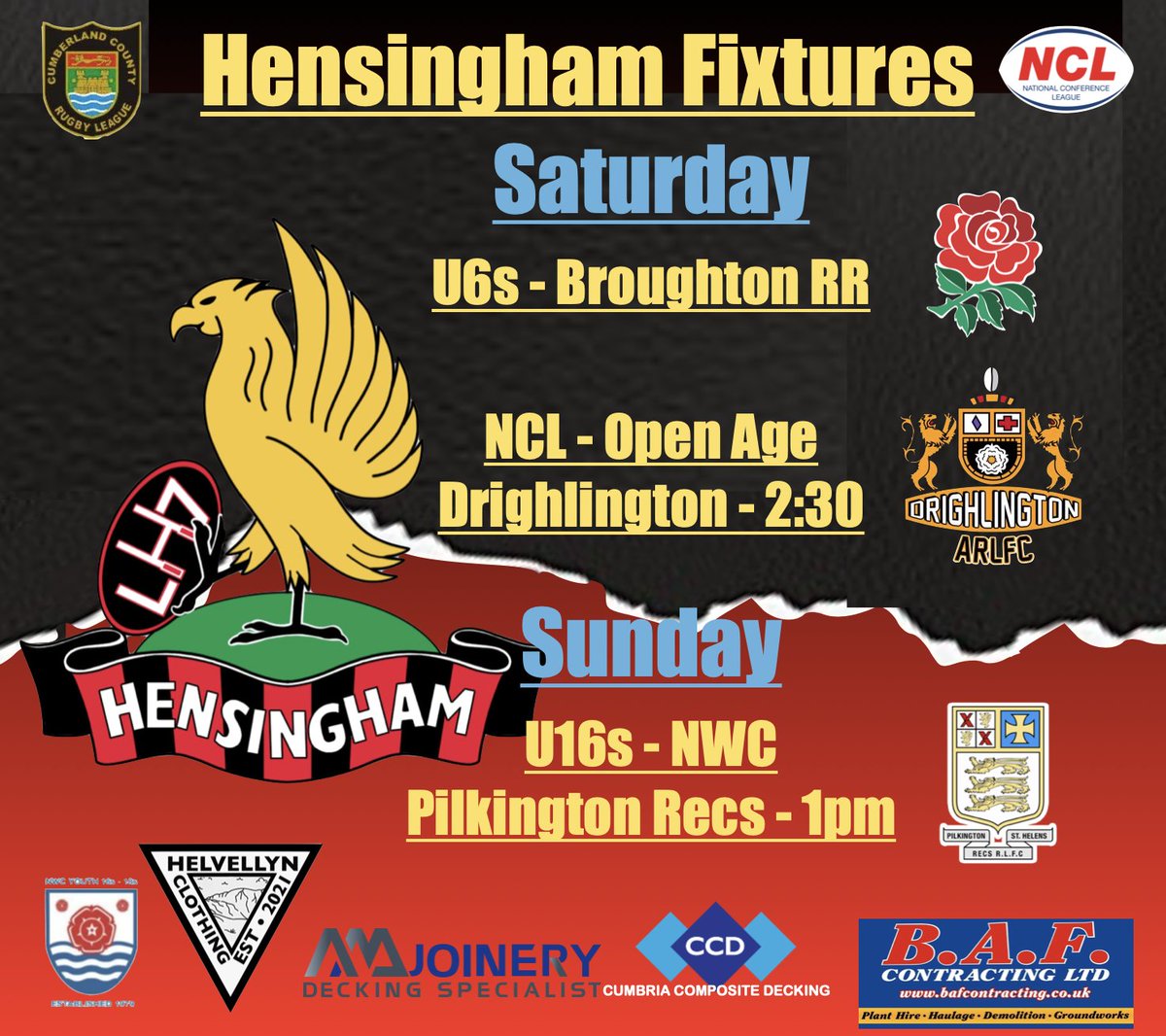 Opening times
Loads of live sport inside & outside as our U6s host Broughton RR, our @OfficialNCL side taking on @Drigrugby & our NWC U16s face @PilksRecsARLFC 
Great Weeknd of sport & a good forecast so make the most of the BH Weekend & get up & support the lads
🔴⚫️🏉☀️🍺😀