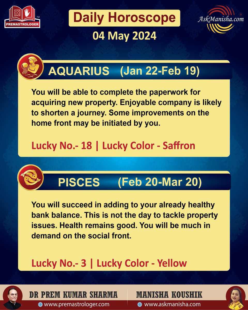 Daily Horoscope 04-May-2024 Horoscope is based on Sun sign.    
Reach us at +919650015920 wa.me/919650015920
Read More: askmanisha.com/daily-horoscope #libra #scorpio #sagittarius #capricorn #aquarius #pisces #askmanisha