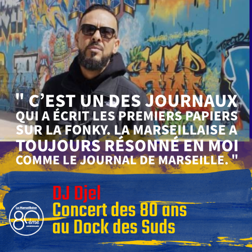 🍾Concert des 80 ans de La Marseillaise au Dock des Suds, DJ Djel sera là ! 
 Réservez votre place pour ce soir👇tinyurl.com/5bfehbrx
 #concert #LaMarseillaise80ans #anniversaire