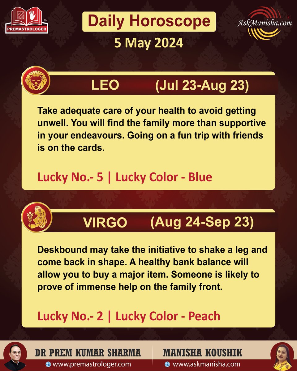 Daily Horoscope 05-May-2024 Horoscope is based on Sun sign.    
Reach us at +919650015920 wa.me/919650015920 
Read More: askmanisha.com/daily-horoscope #aries #taurus #gemini #cancer #leo #virgo #askmanisha