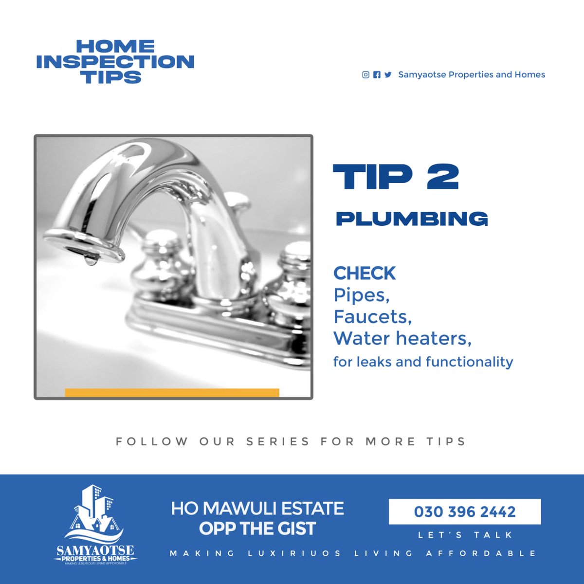 Our Home Inspection Tips for the Day. 
🏡PLUMBING
Check Pipes, Faucets, Water Heaters for leaks and functionality. 

#samyaotsepropertiesandhomes #SPH 
#samyaotseho #horealestate #realestate #houseforsale
