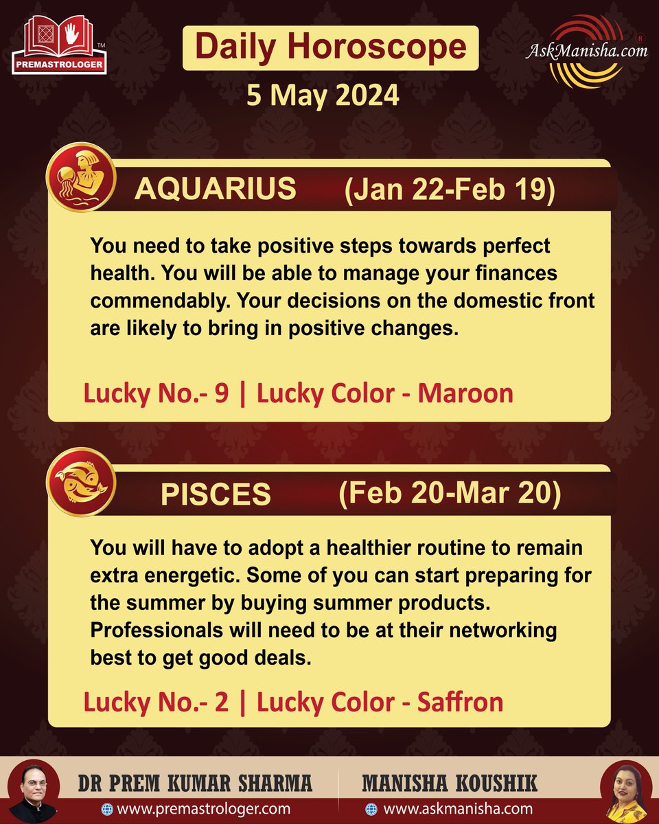 Daily Horoscope 05-May-2024 Horoscope is based on Sun sign.    
Reach us at +919650015920 wa.me/919650015920 
Read More: askmanisha.com/daily-horoscope #aries #taurus #gemini #cancer #leo #virgo #askmanisha