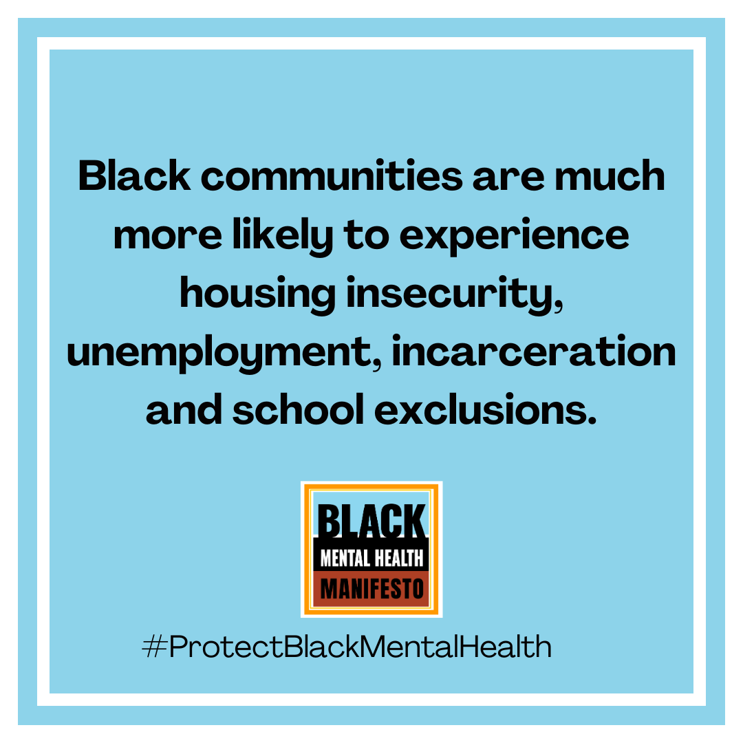 Black people are much more likely to be exposed to the known risk factors for poor mental health such as poverty, housing insecurity & unemployment. The Black Mental Health Manifesto is calling for action to tackle these drivers. Read more in this story standard.co.uk/news/health/co…