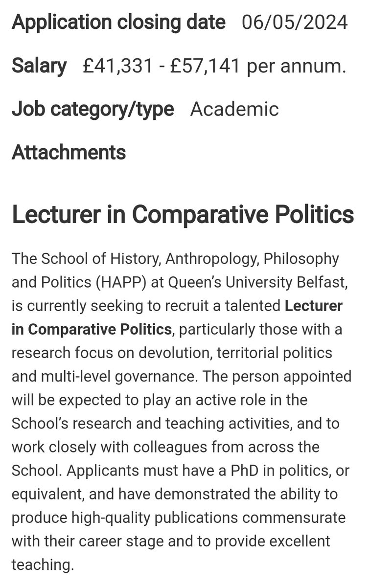 Only a few days left to apply for these two Lecturer positions in Irish Politics and Comparative Politics at Queen's University Belfast qub.ac.uk/sites/QUBJobVa… Come work with us at @HAPPatQUB