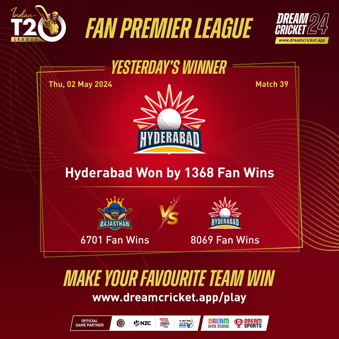 Hyderabad Won on the 33rd day of Fan Premier League. Who are you supporting today? #Dreamcricket2024 #Indiant20league #Cricket