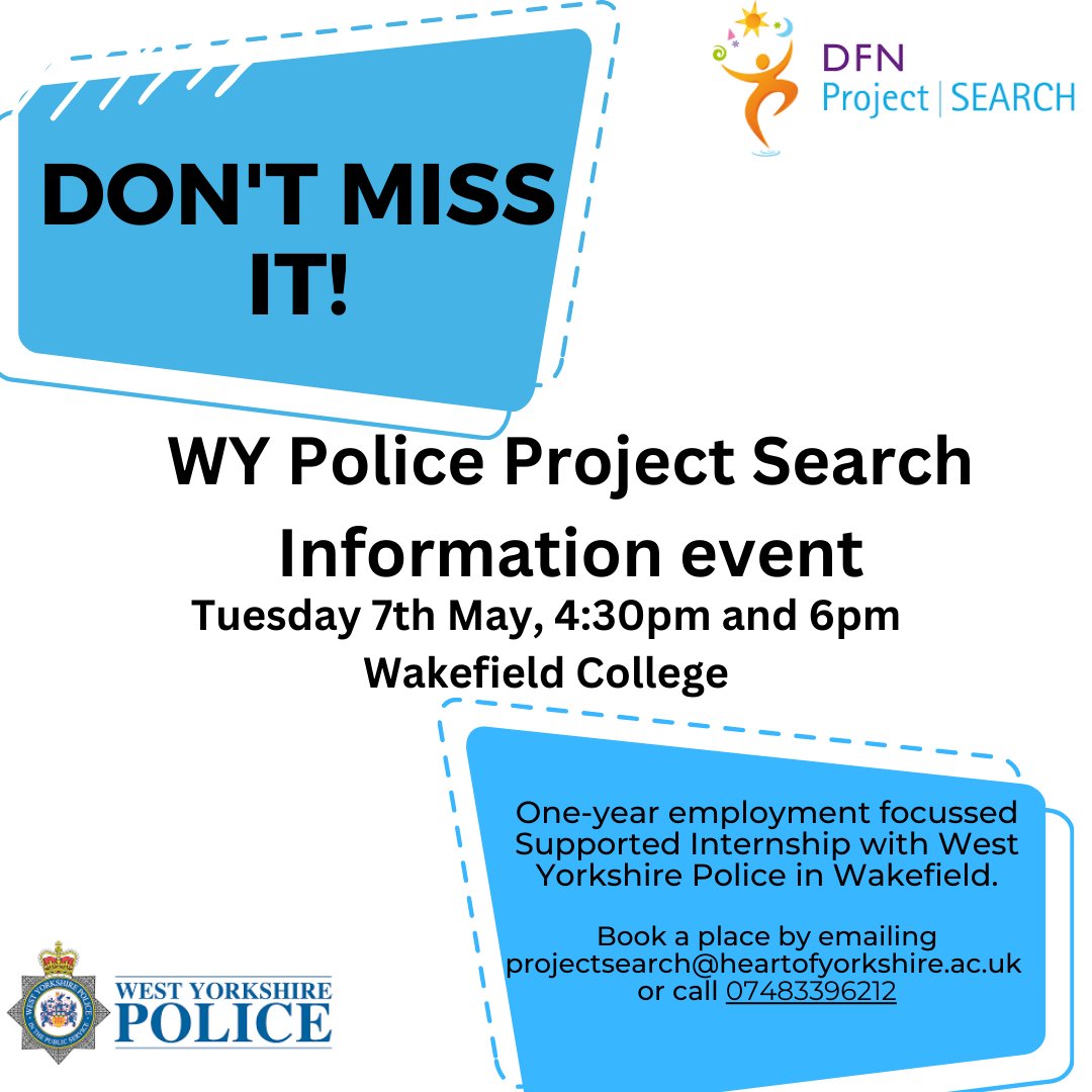 We're working with @WestYorksPolice to offer young adults with learning difficulties the opportunity to gain real-life work experience and independent living skills. Find out more at our Project SEARCH Information Event on Tuesday 7th May, 4:30-6pm, to find out more. @dfnsearch