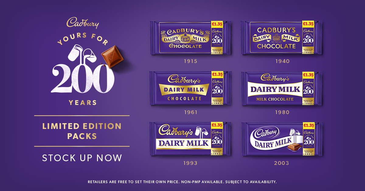 Cadbury are celebrating turning 200 this year.
Bringing back some of the classic Cadbury Dairy Milk packs. Available in stores nationwide for a limited time only. Stock up NOW from Mondelēz International

#Cadbury #DairyMilk #Chocolate #LimitedEdition #Mondelez #Wholesale #Confex