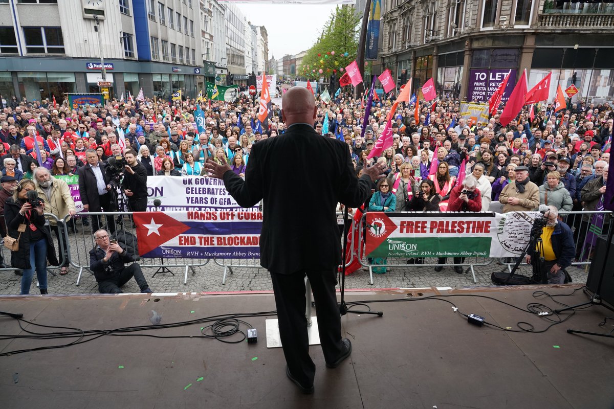 Several thousand expected at largest May Day parade on island of Ireland 11:30 feeder parade from Unite (Antrim Road) 12 noon – Rally/ Speeches while March Assembles in Donegall St (Writers Square/ UU College of Art Gardens) 12:30 – March off ictuni.org/news/2024-may-…