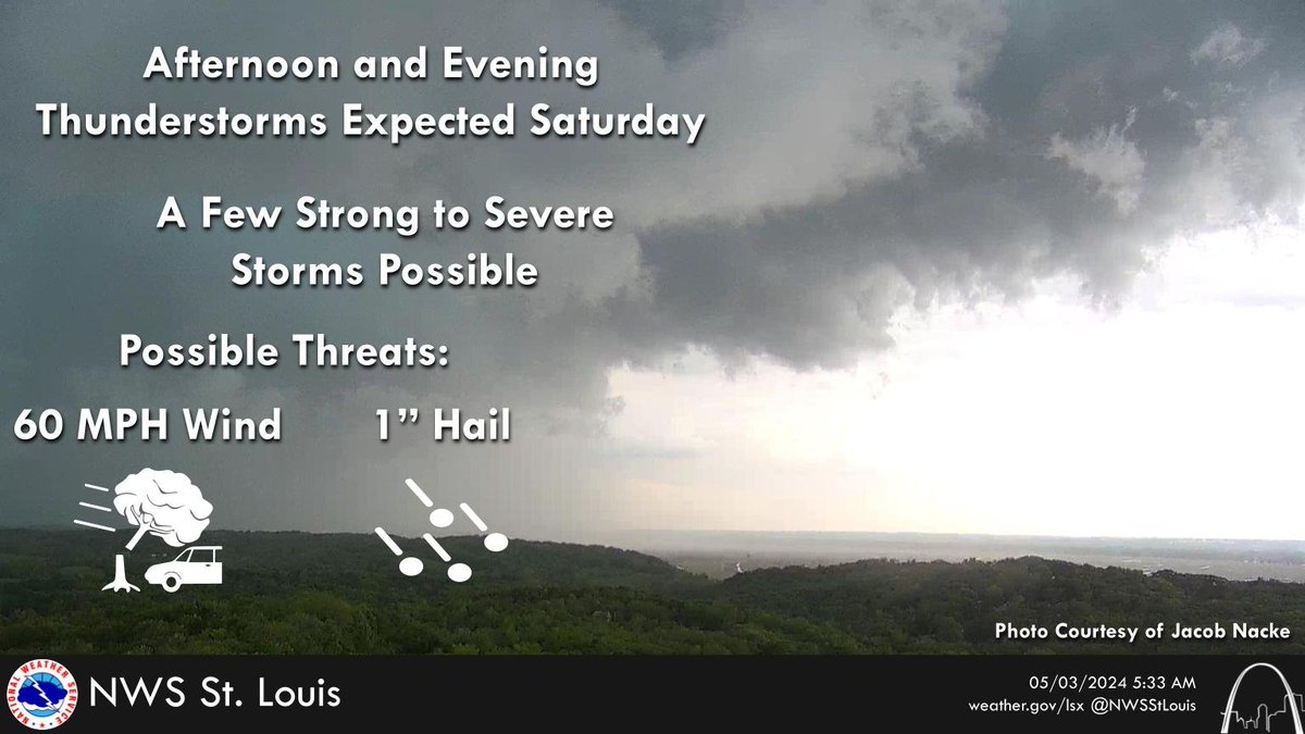 Another round of thunderstorms expected Saturday afternoon and evening. A few could be strong to severe with 1 inch hail and 60 mph wind gusts. #stlwx #ilwx #midmowx #mowx