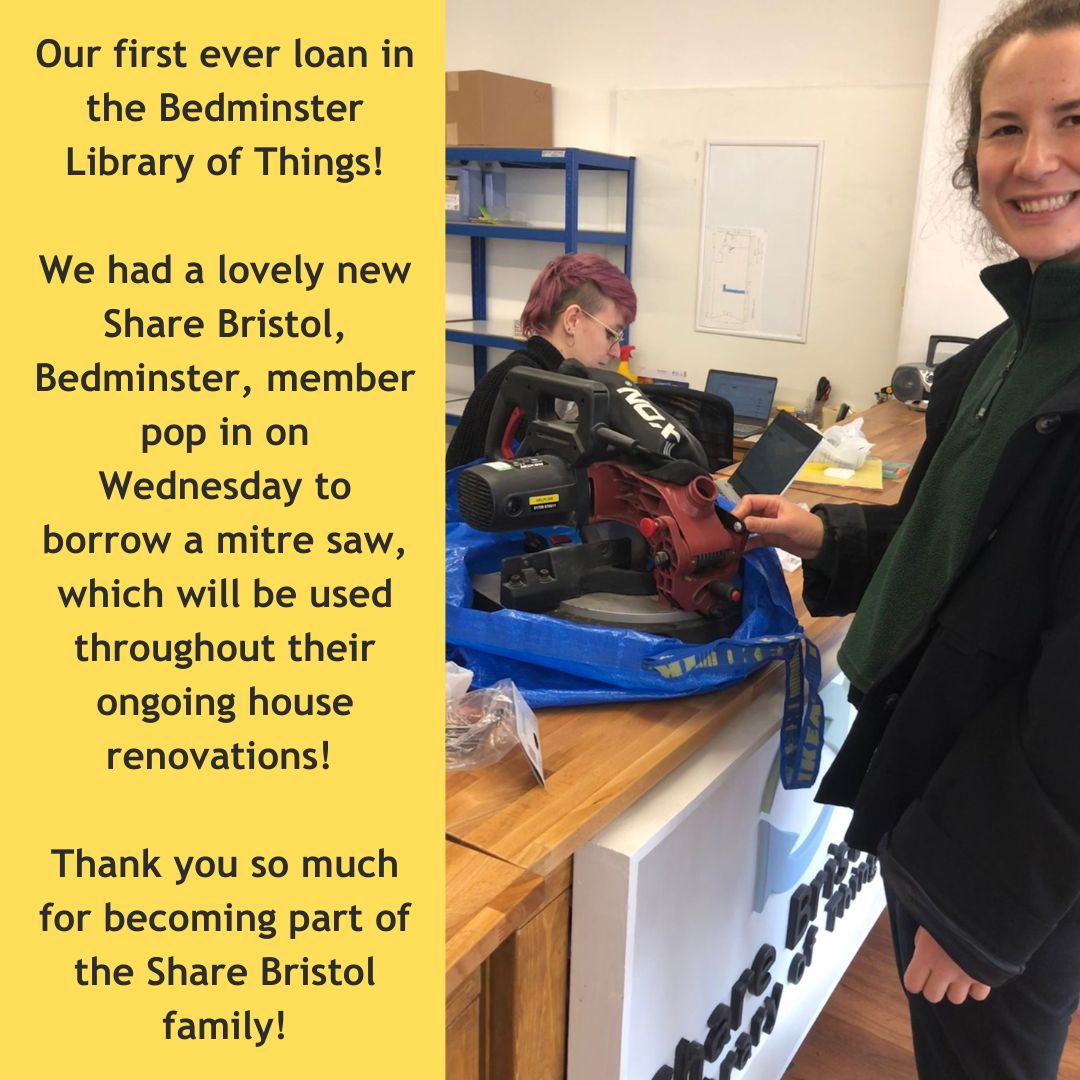 ✨ Bedminster Library of Things is open (softly)! ✨ 

Whilst we recruit more volunteers and fill out the library, we’ll be open on Wednesdays 12pm-2pm and Saturdays 10am-2pm! 

 💚 Want to read our blog about our gradual opening?: buff.ly/4bjC1UD