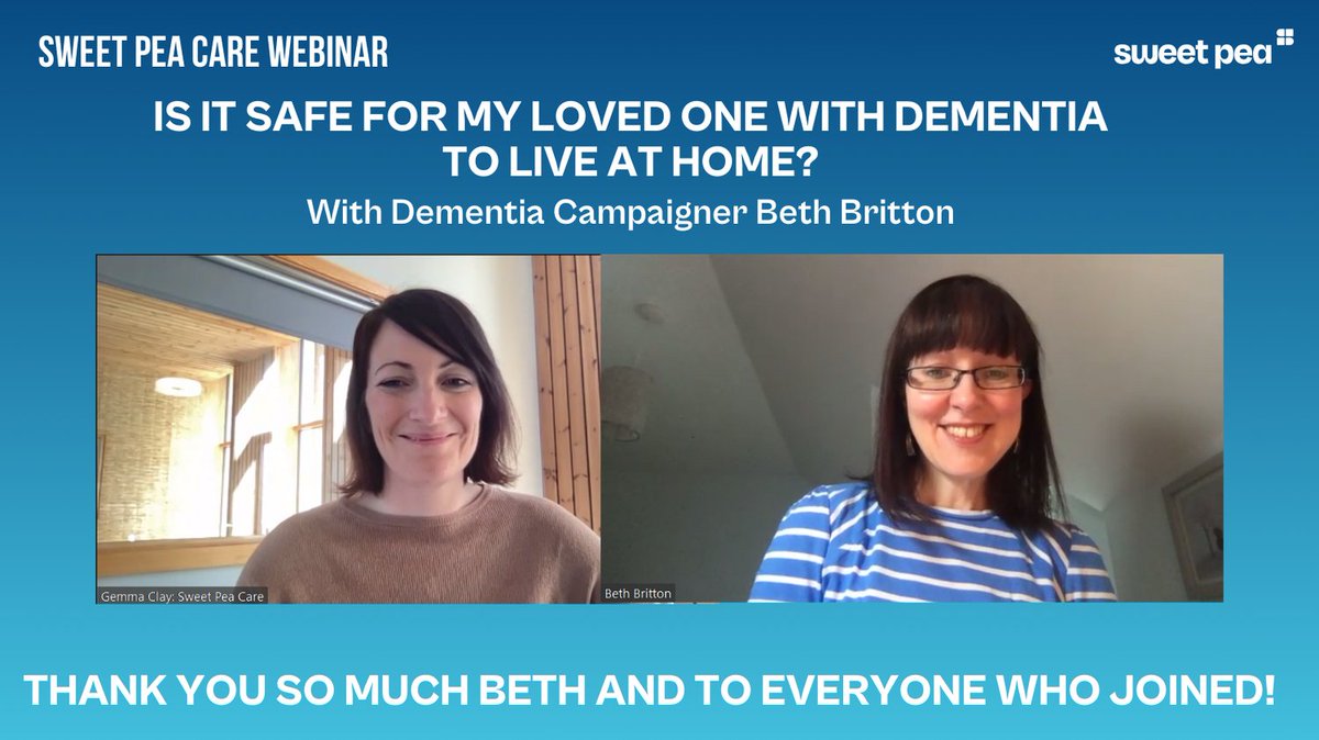 Yesterday we hosted our second Sweet Pea #webinar - Is it safe for my loved one with dementia to live at home? - with dementia campaigner Beth Britton. Thank you so much to @bethyb1886 for her expert advice on #Dementiaenvironment work and thank you to everyone who came! 🌟#care