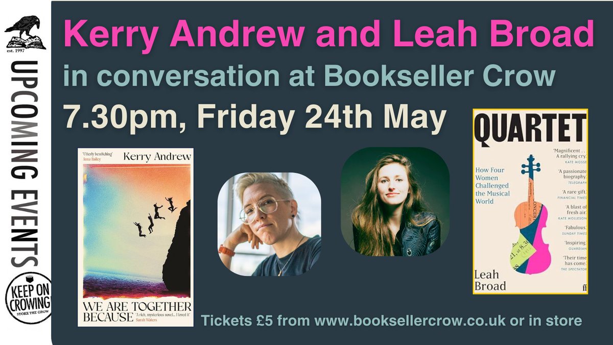 This will be an evening not to be missed. Friday 24th May we welcome @drkerryandrew & @LeahBroad in a front room style conversation about their two very different books, which have entwined themes of talent, sexuality and presence. Tickets £5 booksellercrow.co.uk/event/author-e… #booktwt