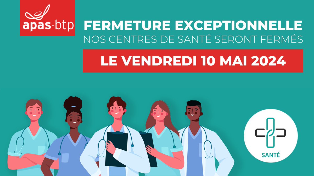 🟩 Nos centres de santé seront fermés exceptionnellement le vendredi 10 mai 2024.

📆 Réouverture le lundi 13 mai 2024 à 8h00.

Prenez votre RDV Santé ➡️ bit.ly/rdvsanteapasbtp

#APASBTP #APASsanté #CentreDeSanté