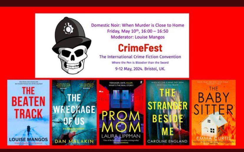 Who loves reading a twisty #PsychologicalThriller If you are in the Bristol area next Friday, do join us at #CrimeFest2024. I’m on this awesome Domestic Noir panel with the fabulous @LouiseMangos @emmacurtisbooks @DanMalakin @LauraMLippman @CrimeFest