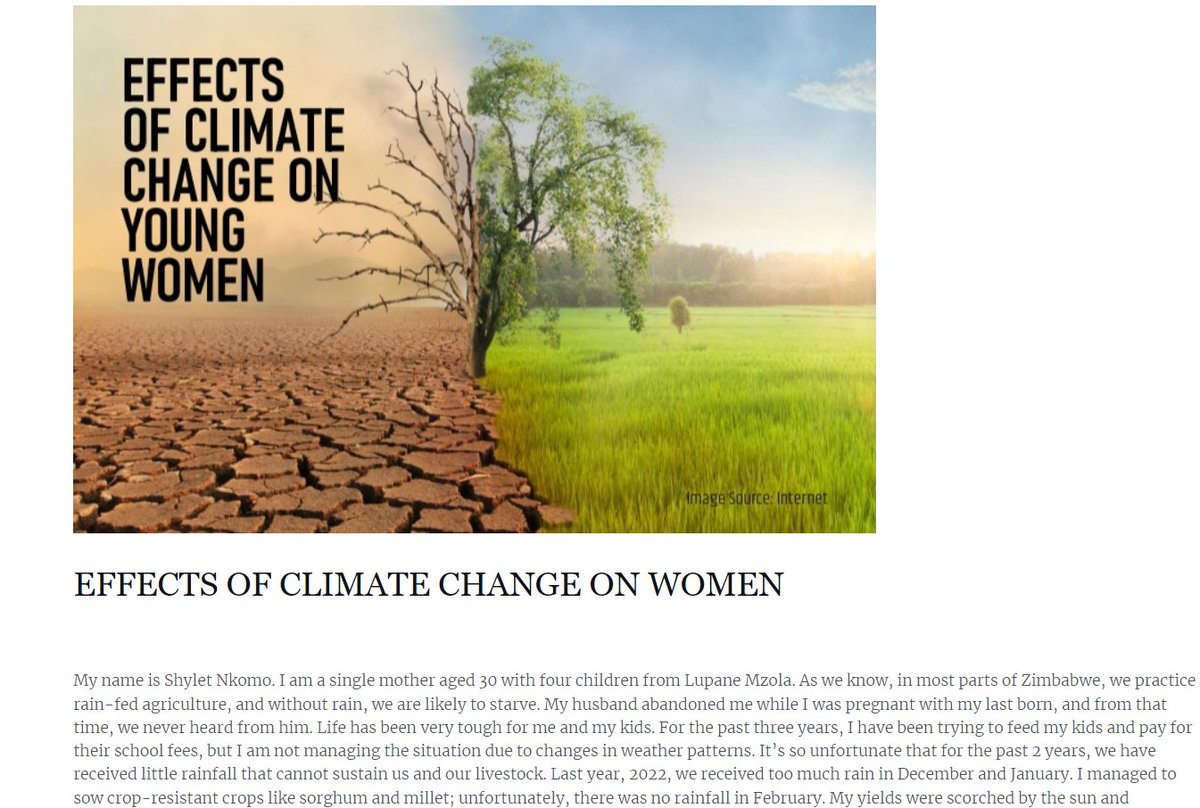 table_girls's tweet photo. Women are traditionally responsible for gathering water, fuel, and food for their families, leaving them vulnerable to increased resource scarcity as climate change intensifies. Shylet Moyo talks about the effects of climate change on her life.
https://t.co/OVBEC2zOrB
#HerVoice https://t.co/X9DOi9rPXT