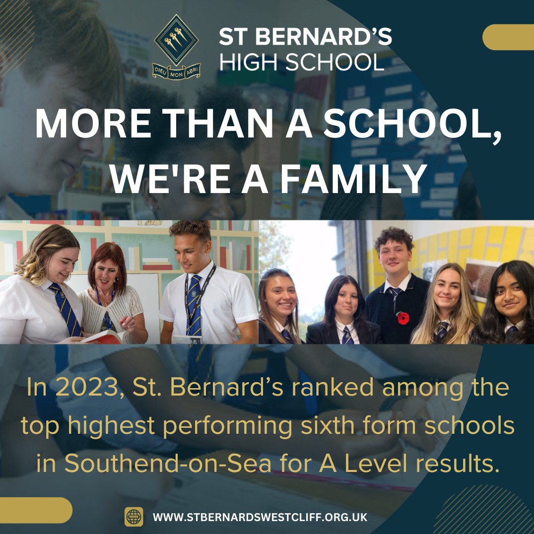 Our #sixthform #students have shown exceptional dedication, and we're thrilled to announce that in 2023, St. Bernard’s ranked among the top highest performing sixth form #schools in #SouthendonSea for #ALevel results.🌱🎉

#Southend #Westcliffonsea #stbernards #school #learning