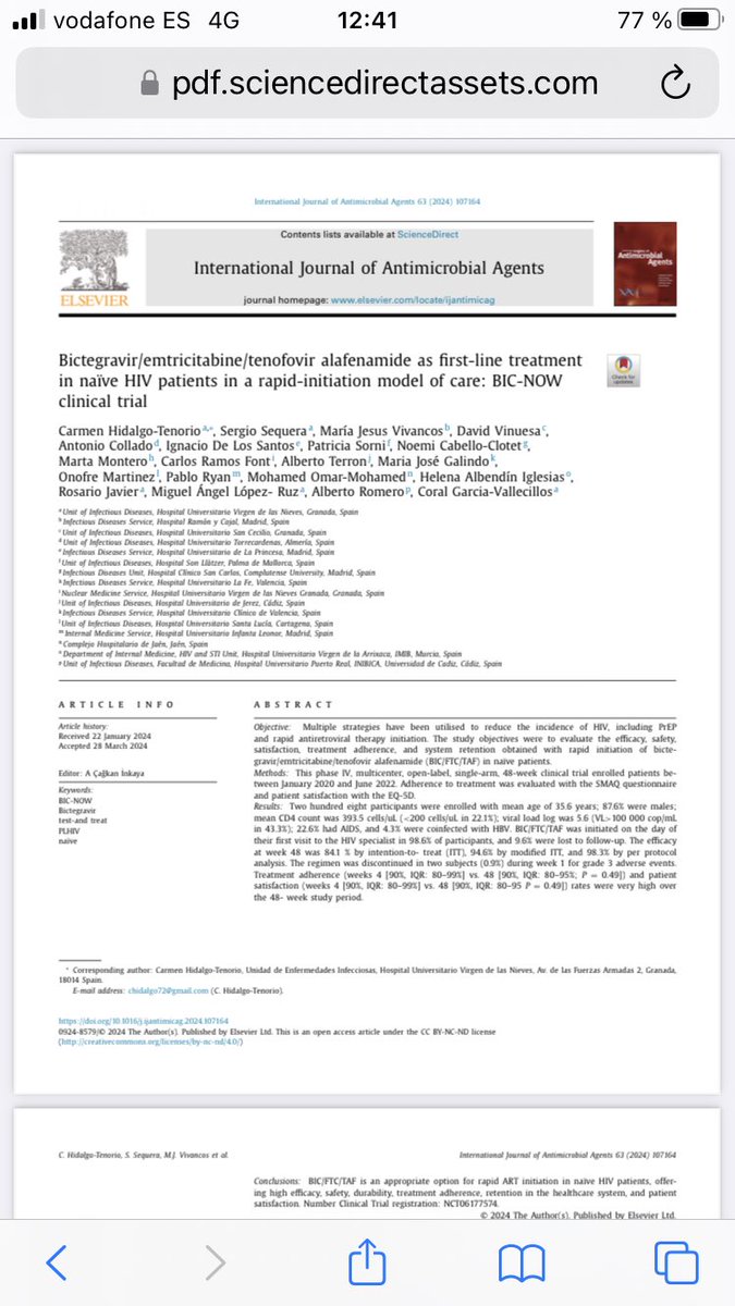 Enhorabuena a todos los investigadores españoles! En #España también hacemos buena investigación. @GeSIDA @SAMICEI_ Bictegravir/emtricitabine/tenofovir alafenamide as first-line treatmen... sciencedirect.com/science/articl…