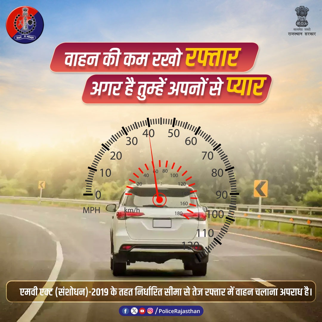 ओवर स्पीड में वाहन चलाना पड़ सकता है महंगा।

#Overspeeding में वाहन संभालना मुश्किल होता है, हो सकते हैं दुर्घटना का शिकार।

नियंत्रित एवं निर्धारित स्पीड में वाहन चलाएं.

मोटर व्हीकल (संशोधन) अधिनियम-2019 के तहत ऐसा करने पर जुर्माना देय है।

#RajasthanPolice
#FollowTrafficrules