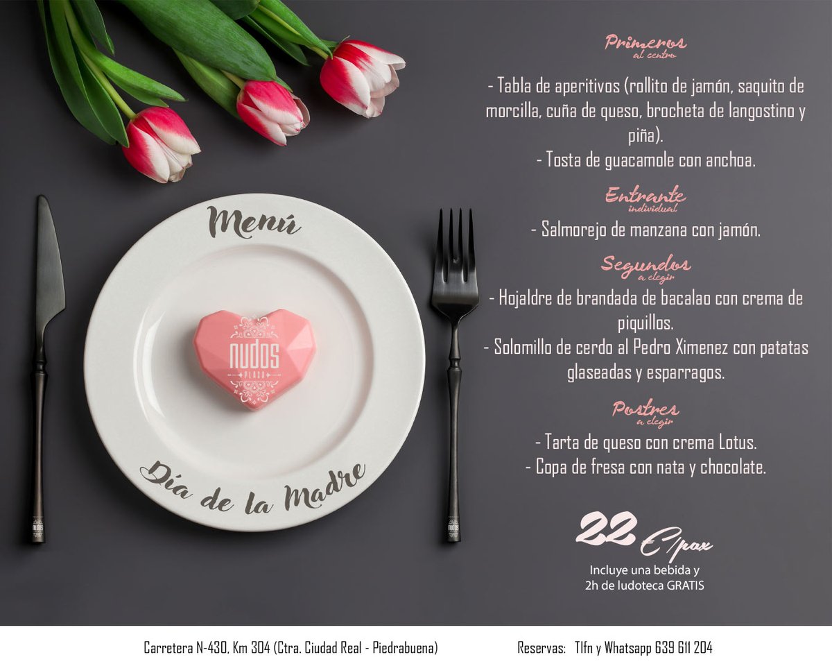 🌷💖 Celebra el Día de la Madre en grande con nuestro delicioso menú especial por solo 22€ en Nudos Plaza. Incluye una bebida y 2 horas de ludoteca gratuita. ¡Reserva ya! 🍴🎉 #DíaDeLaMadre #NudosPlaza #MenúEspecial #ReservaYa