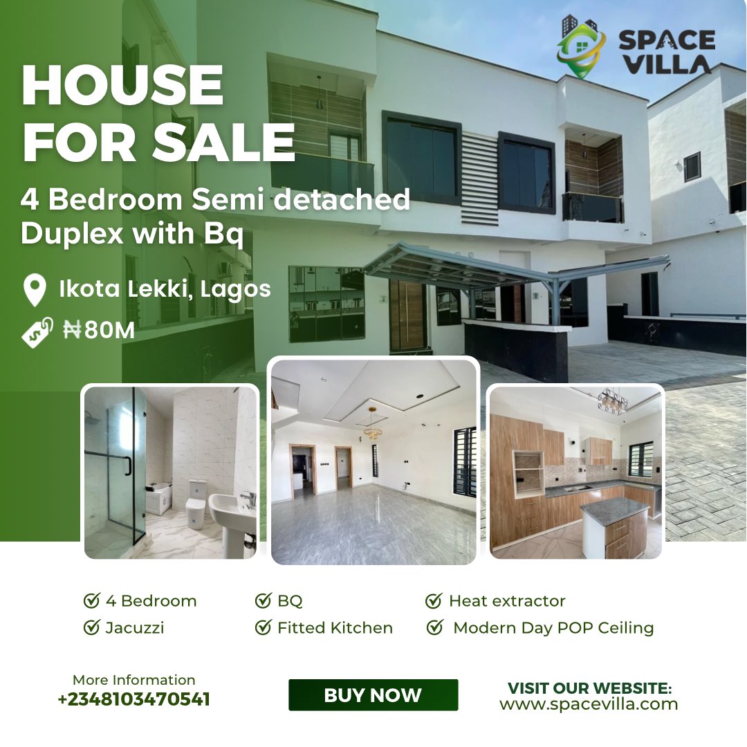 🏠4 Bedroom Semi Detached Duplex with Bq

📍Location:Ikota Lekki,Lagos. 

💰Price : N80m 

Direct WhatsApp message: api.whatsapp.com/send?phone=234…

For more information on the property, checkout our website : app.spacevilla.africa/properties/60f…

#spacevillaafrica #realestate #houseforsale #lekki