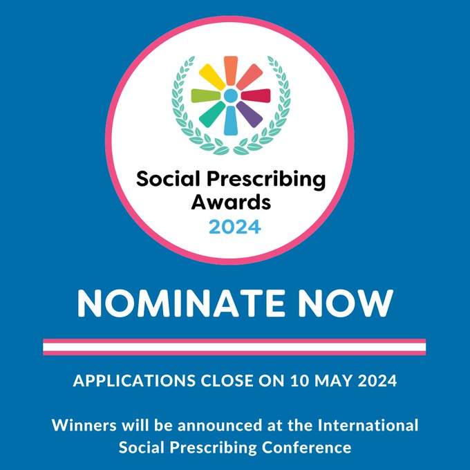 One week left to enter the #SocialPrescribingAwards The winners will be announced on 19 June at the International #socialprescribing Conference Closing date: 10 May Find out more & enter here: ow.ly/O6fC50RcUik @CollegeofMed @NASPTweets @SocialPrescrib2