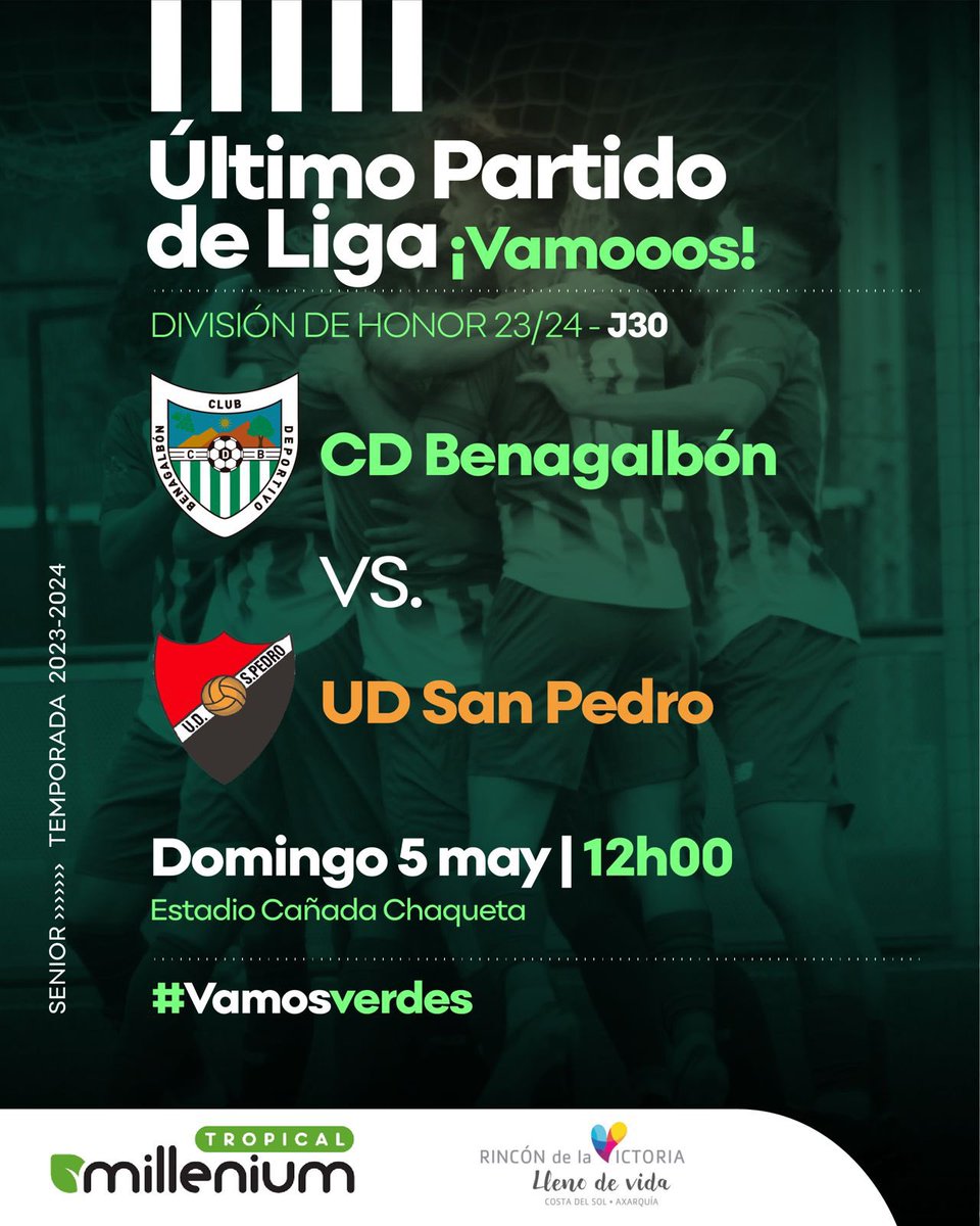 💚🏆ÚLTIMO PARTIDO💚🏆

👋🏻 El Domingo 5/5 a las 12:00H recibimos en casa a la #UDSanPedro para despedir esta temporada histórica

💪🏻 AFICIÓN, llenemos nuestro templo por última vez‼️‼️

👇🏻 OS ESPERAMOS EN EL CAÑADA CHAQUETA‼️JUNTOS ‼️

#SeguirSoñando💚
#VamosVerdes💚