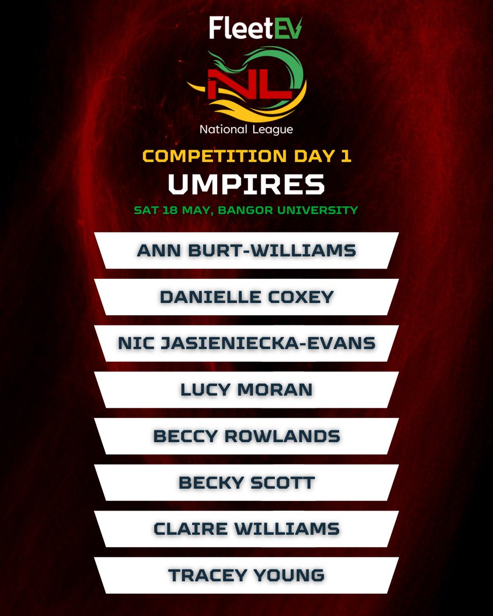 🎉 Exciting News! 🎉 We're thrilled to announce the lineup of umpires selected for the first competition of the 2024 Fleet EV National League! 🏴󠁧󠁢󠁷󠁬󠁳󠁿