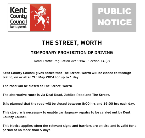 Worth, The Street: Road closed 7th May for 1 day (08:00-16:00) to allow for @KentHighways carriageway repair works: moorl.uk/?8za9k3