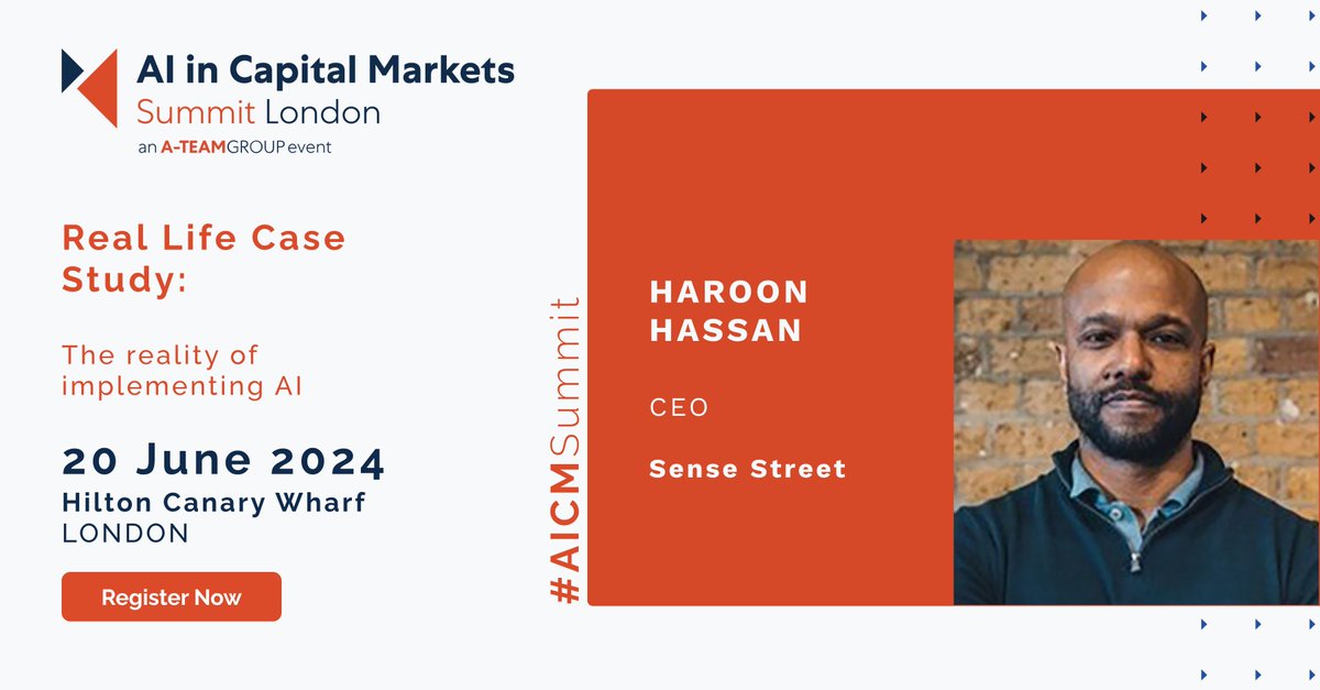 Haroon Hassan, CEO at , will present a Real Life Case Study at AI in Capital Markets Summit on 20 June in London, on the reality of implementing AI. Register: a-teaminsight.com/events/ai-in-c… #AICMSummit #AI #casestudy