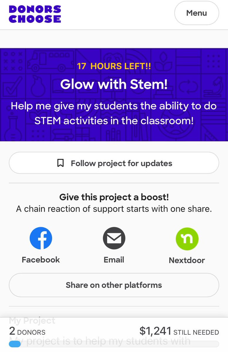 @craignewmark 17 hours left for my #donorschoose project!!!! Any donation is truly appreciated to help my students be able to create and build!!! Thank you so much!!! donorschoose.org/project/glow-w…